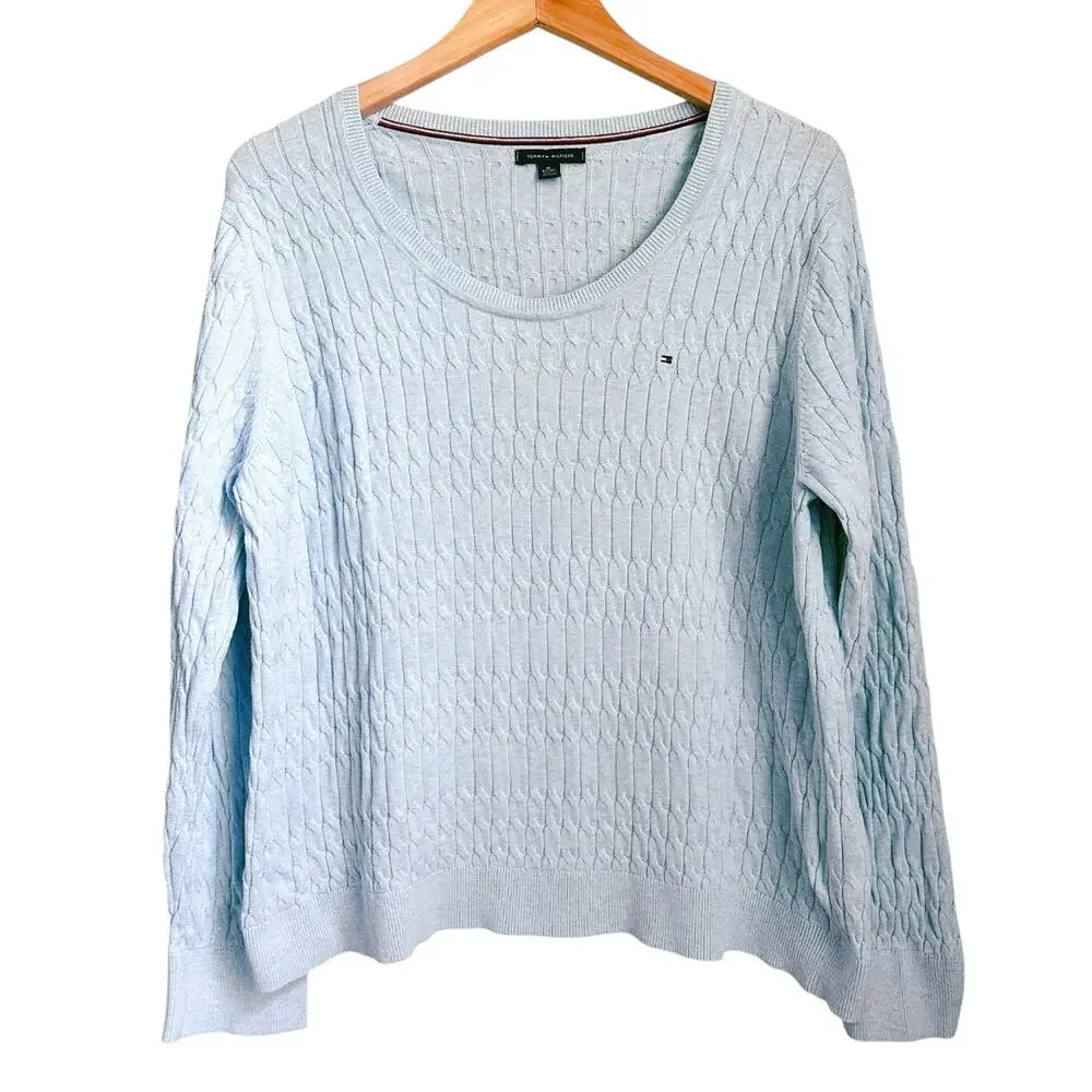 Tommy Hilfiger Blue Cable Knit Sweater Women XL Coastal Lightweight
